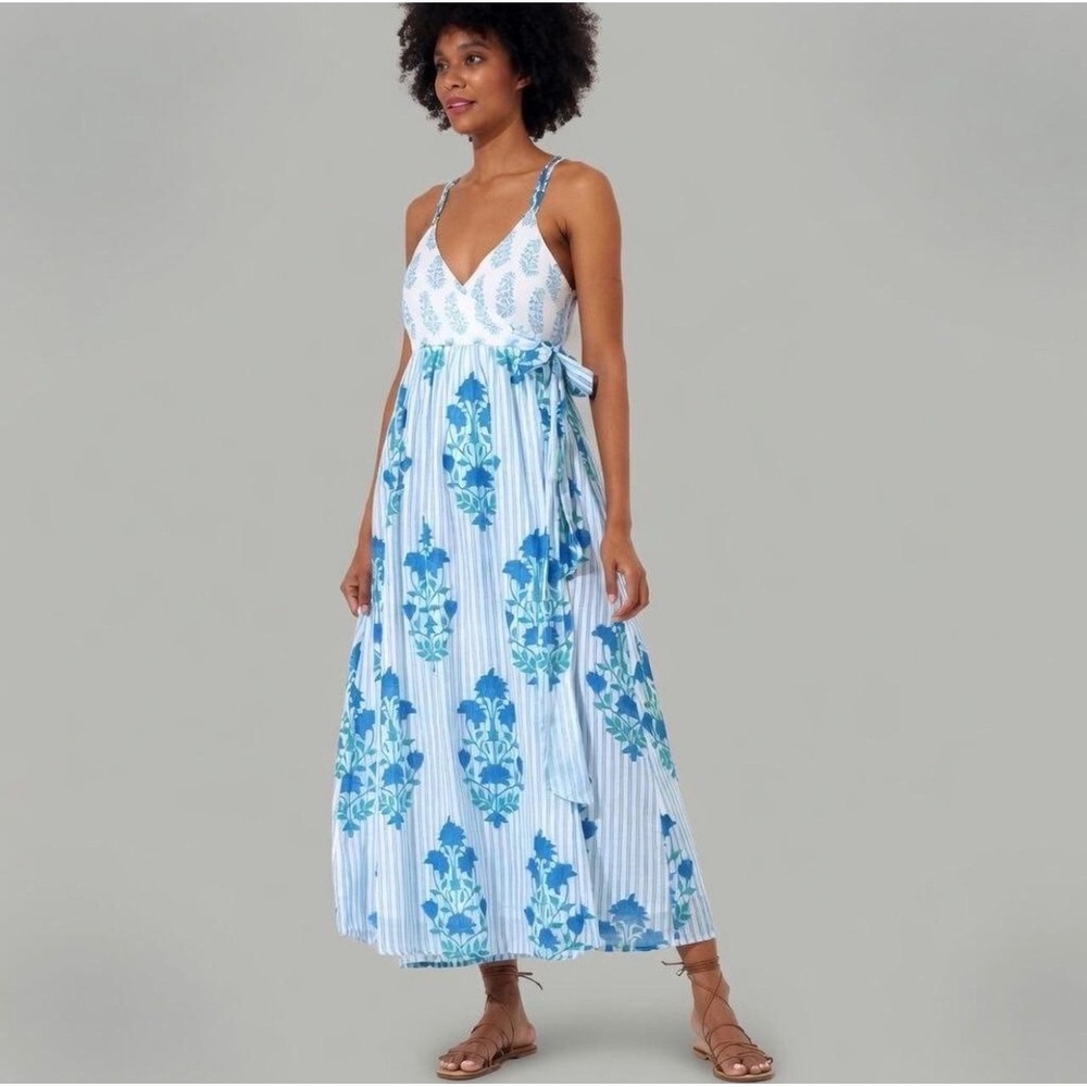 Oliphant Blue White‎ Floral Jaipur Stripe Cotton Maxi Dress Women's Medium